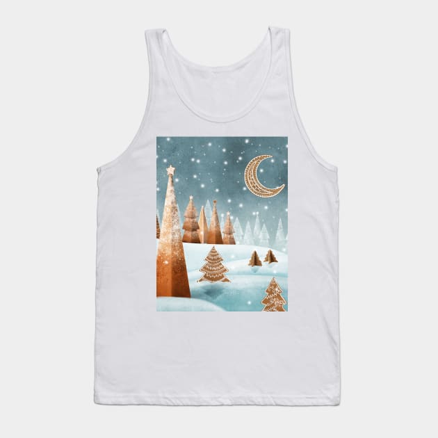 Gingerbread trees snow landscape watercolor illustration. Winter candy world fantasy print. Cookies spruce trees and moon. Sweet Christmas decorations Tank Top by likapix